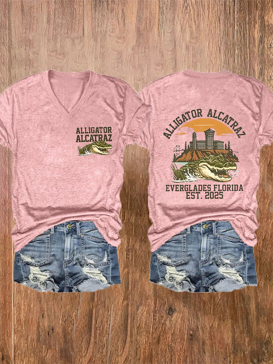 Women's Retro Alligator Alcatraz Funny Florida Everglades Dark Humor Short Sleeve Tee