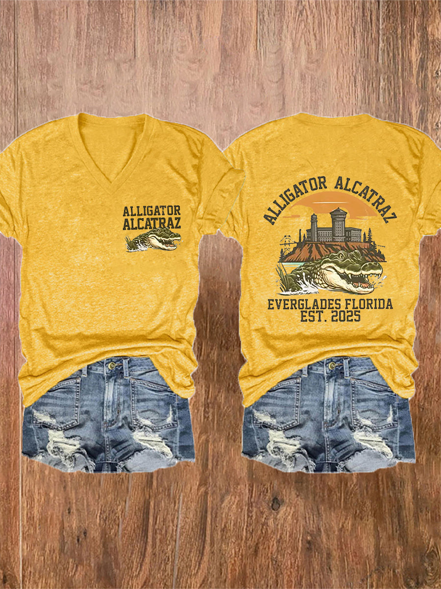 Women's Retro Alligator Alcatraz Funny Florida Everglades Dark Humor Short Sleeve Tee