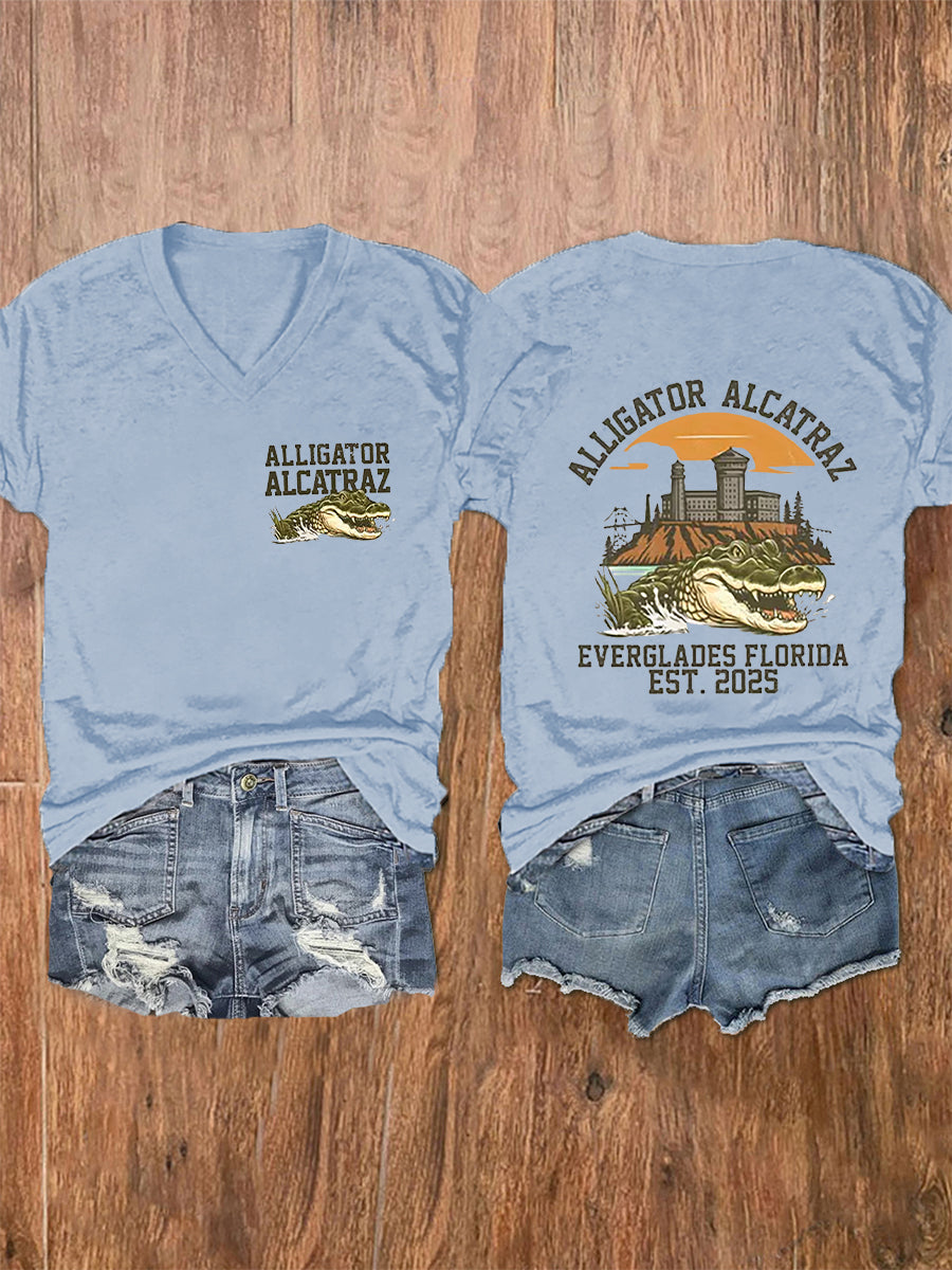 Women's Retro Alligator Alcatraz Funny Florida Everglades Dark Humor Short Sleeve Tee