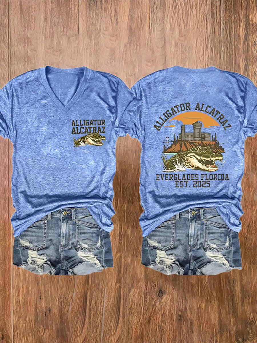 Women's Retro Alligator Alcatraz Funny Florida Everglades Dark Humor Short Sleeve Tee