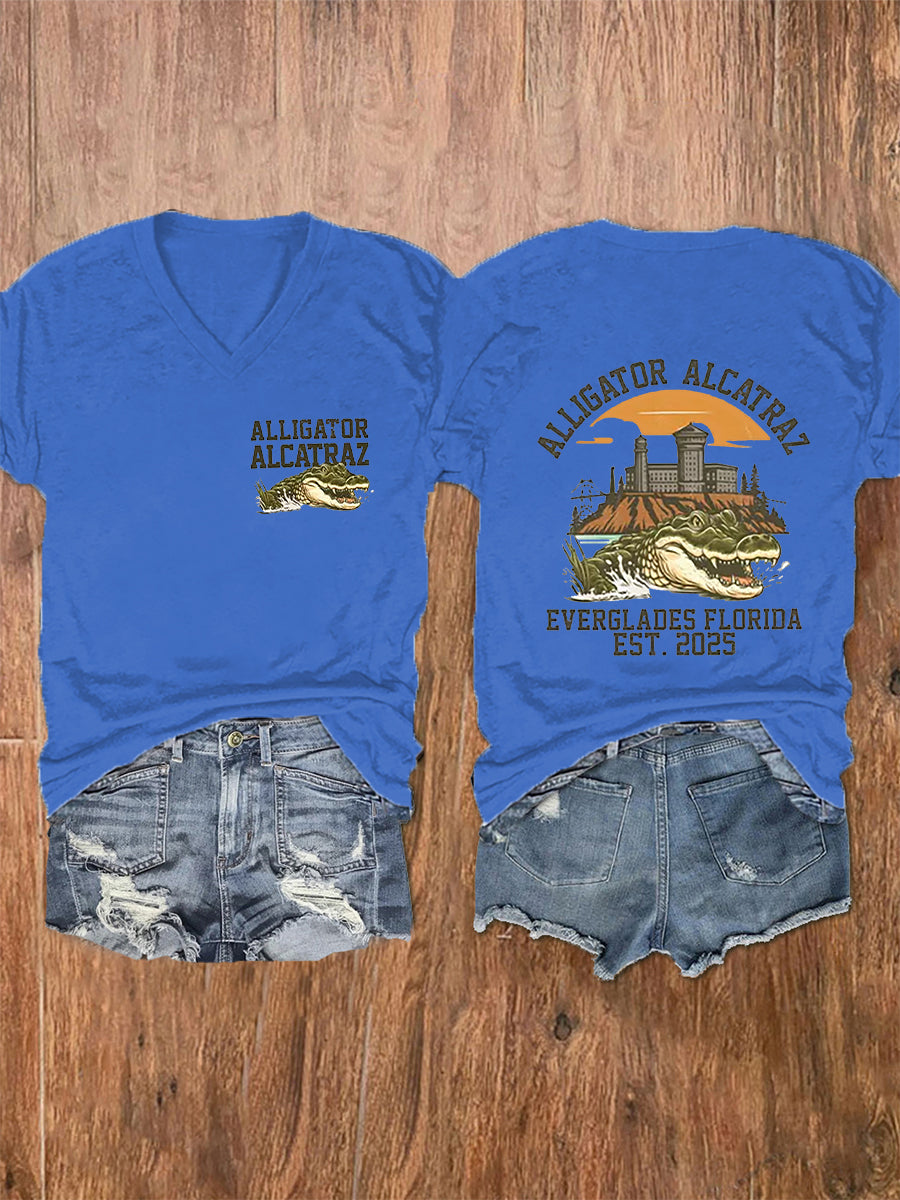 Women's Retro Alligator Alcatraz Funny Florida Everglades Dark Humor Short Sleeve Tee