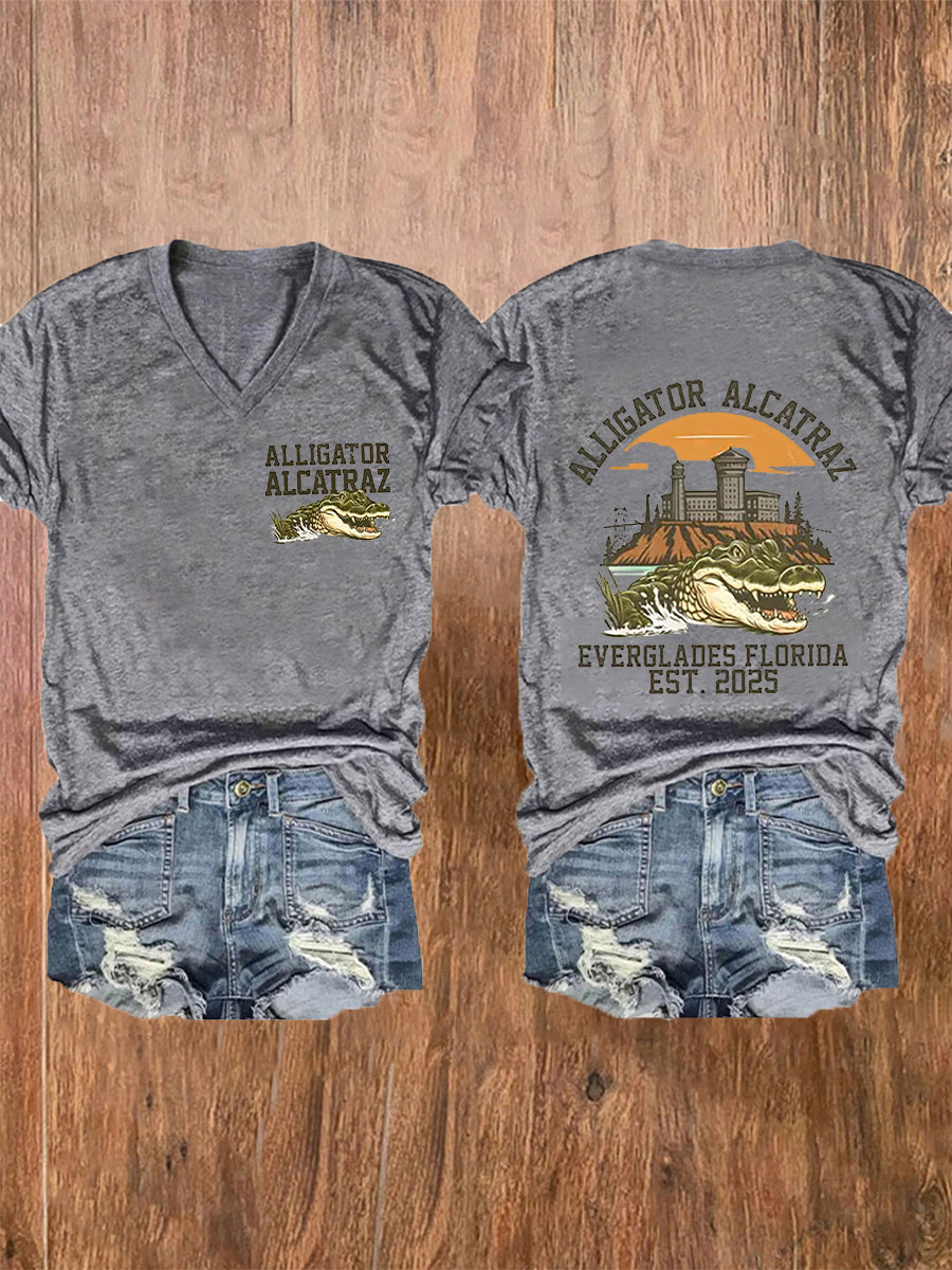 Women's Retro Alligator Alcatraz Funny Florida Everglades Dark Humor Short Sleeve Tee