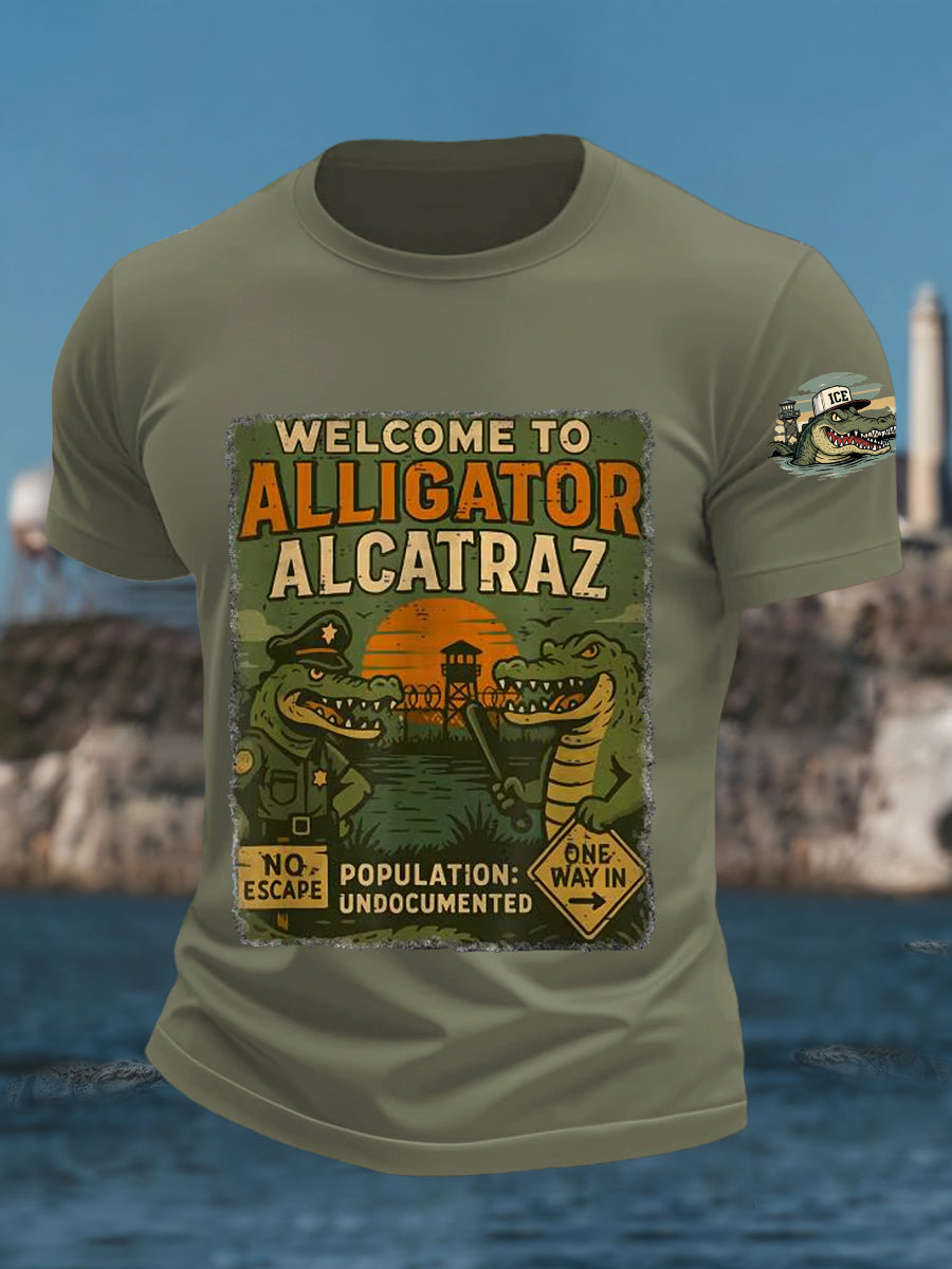 Men's Welcome To Alligator Alcatraz Funny Florida Everglades Dark Humor Tee