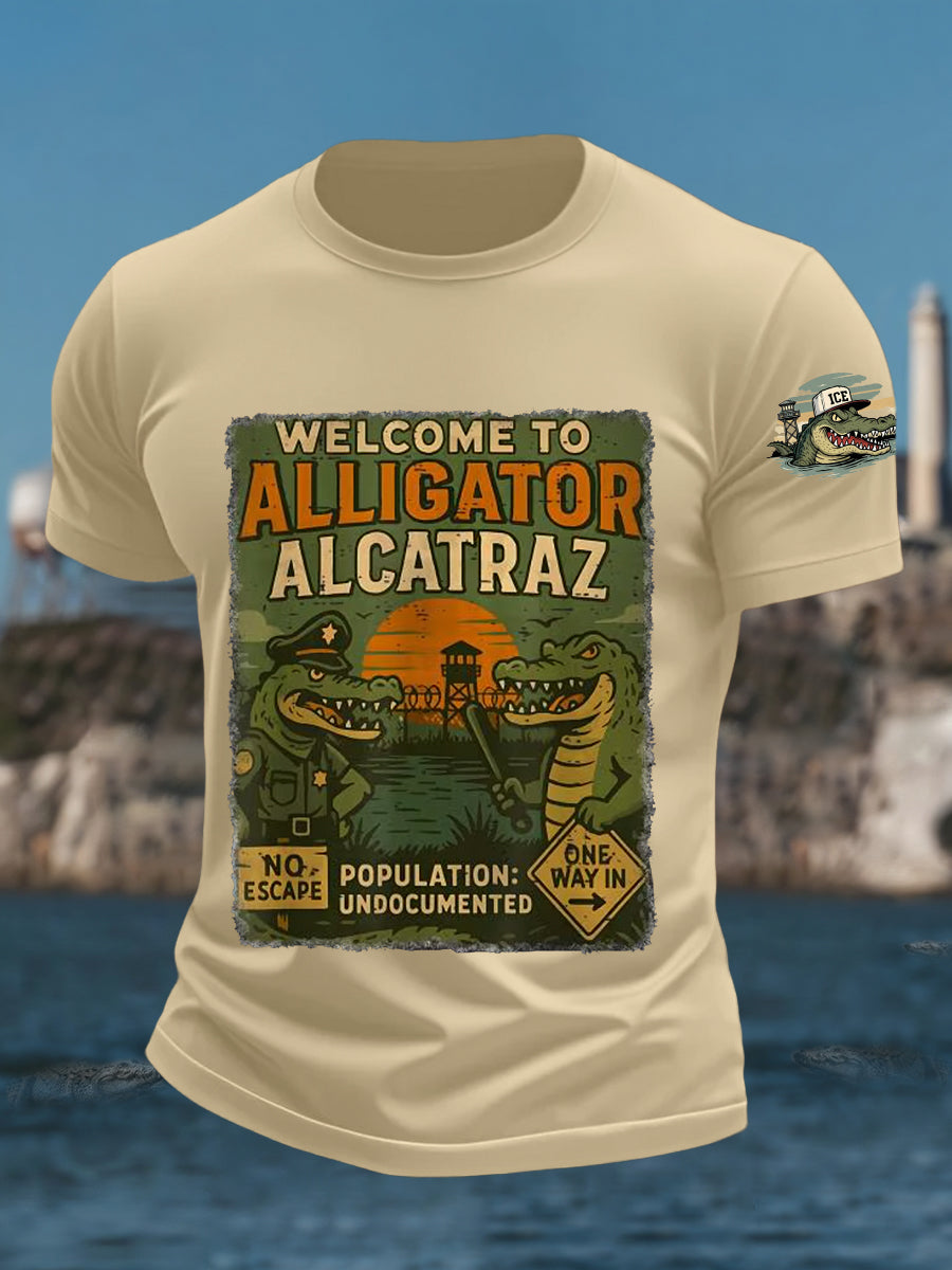 Men's Welcome To Alligator Alcatraz Funny Florida Everglades Dark Humor Tee