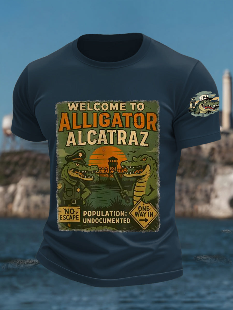 Men's Welcome To Alligator Alcatraz Funny Florida Everglades Dark Humor Tee