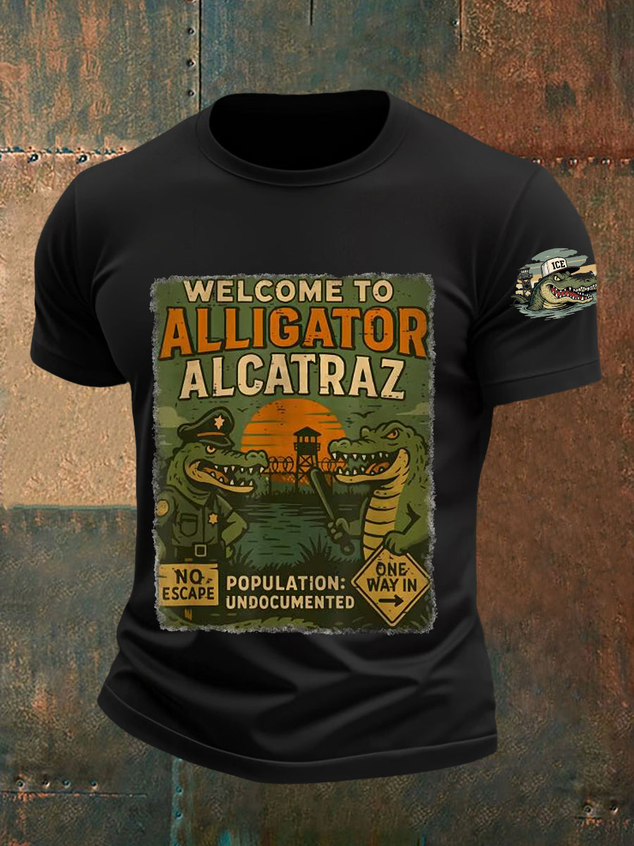 Men's Welcome To Alligator Alcatraz Funny Florida Everglades Dark Humor Tee
