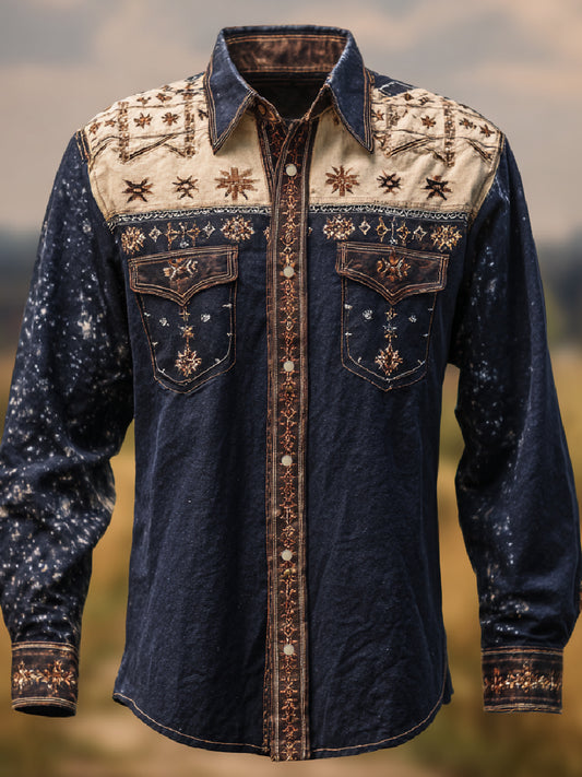 Retro Western Cowboy Art Print Casual Long Sleeve Shirt