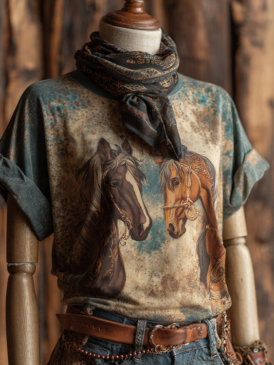 Retro Western Art Horse Print Casual Short Sleeve T-Shirt
