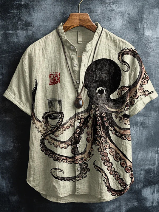 Men's Vintage Octopus Art Print Linen Blend Short Sleeve Shirt