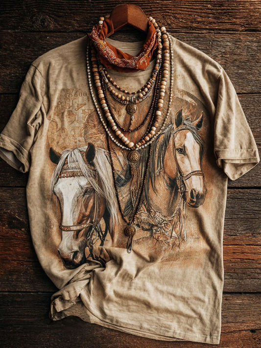 Retro Horse Print Casual T-shirt
