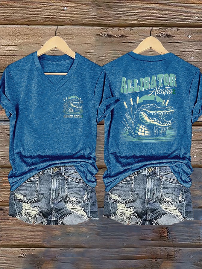 Women's Casual Retro Alligator Alcatraz Print T-Shirt