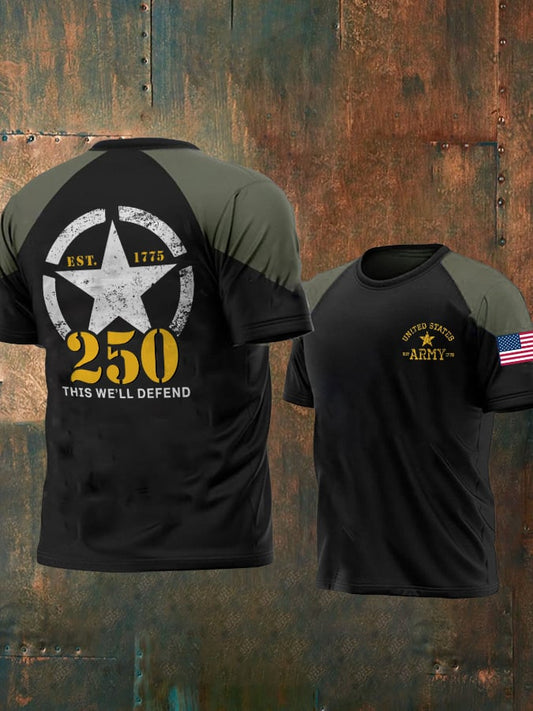 Retro Man's Vintage Independence Day National Flag United States Army 250th Anniversary This We'll Defend  Print T-Shirt