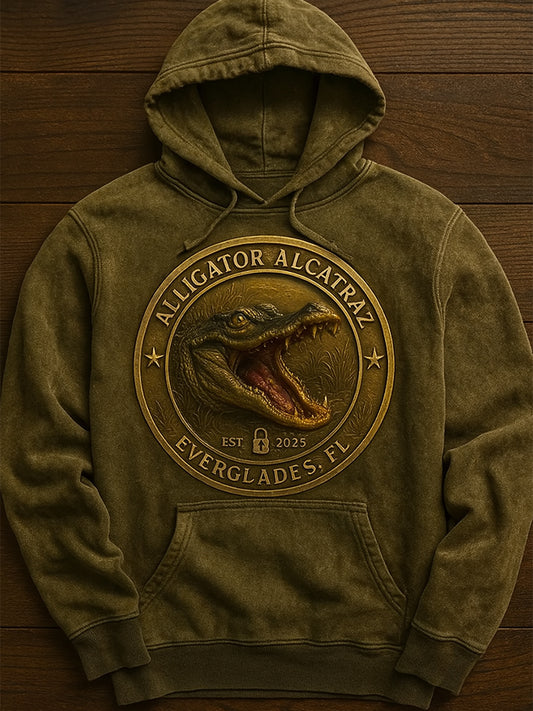 Vintage Alligator Alcatraz Fun Florida Everglades Art Print Casual Hoodie