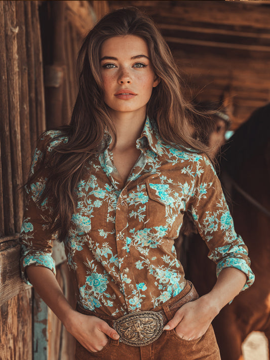 Vintage Western Art Floral Print Casual Shirt