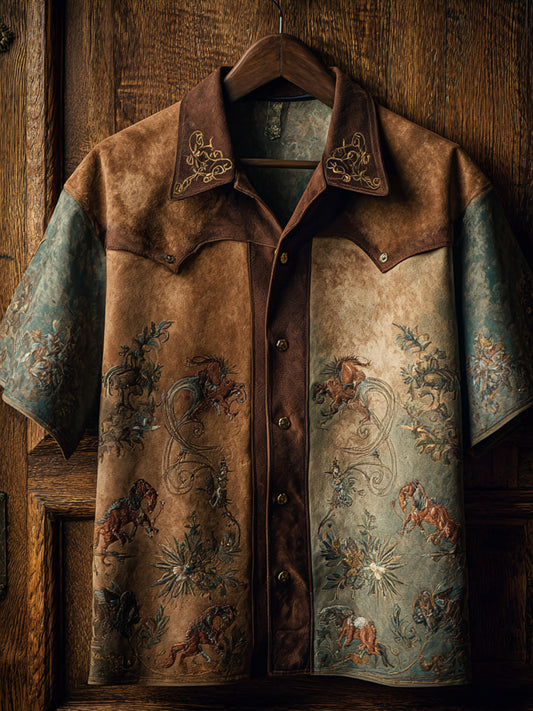 Vintage Western Art Floral Print Casual Shirt