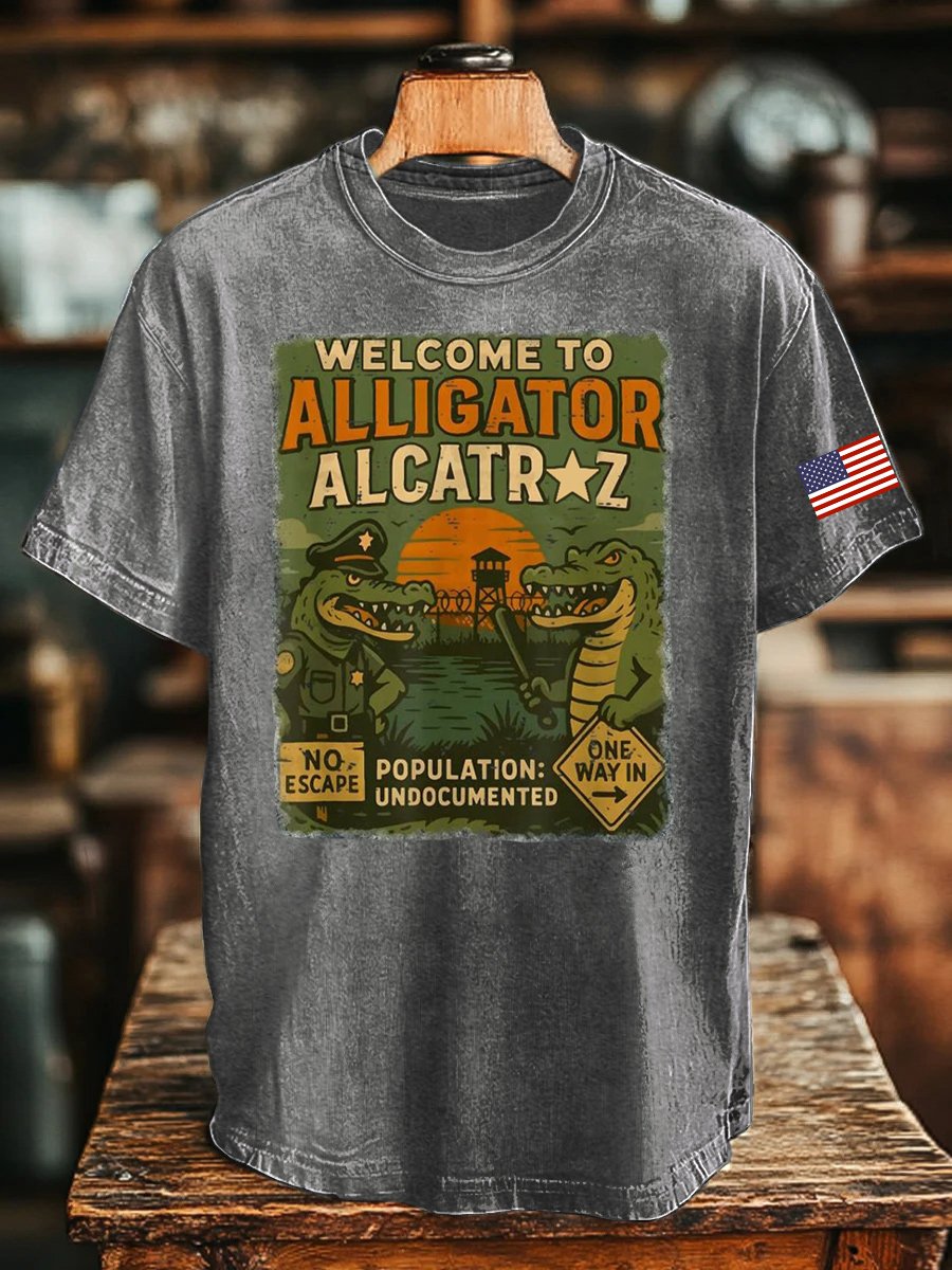 Unisex Casual Alcatraz Crocodile Print Washed Cotton T-Shirt