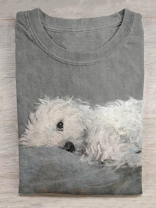 Unisex Sleeping Puppy Illustration Print Crew Neck Casual T-shirt