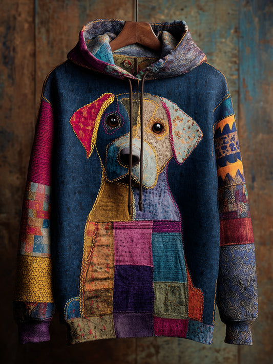 Vintage Patchwork Dog Print Art Casual Hoodie