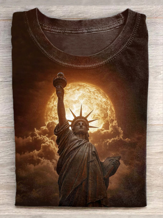 Unisex Statue of Liberty Art Illustration Round Neck Casual T-shirt