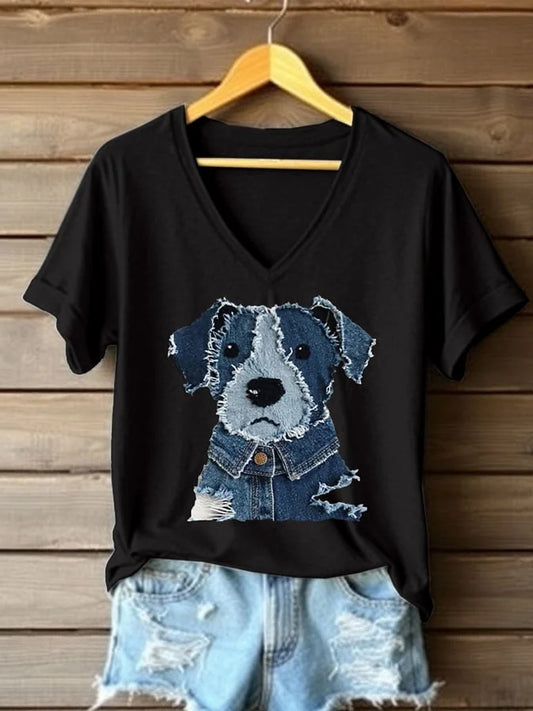 Women's Retro Funny Animal Dog Print V-Neck T-Shirt