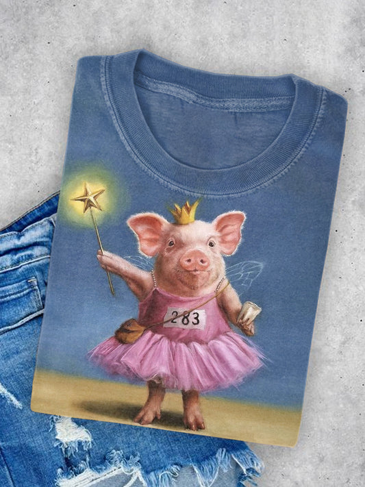 Unisex Pink Pig Holding A Magic Wand Art Illustration Print Round Neck Casual T-shirt
