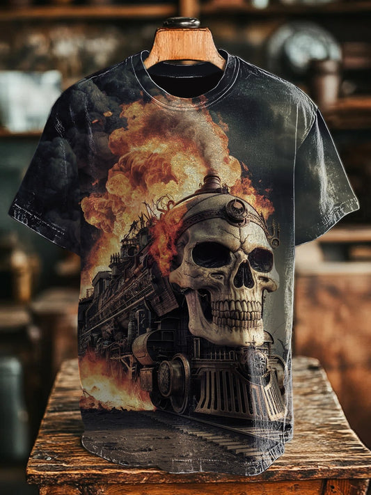 Unisex train illustration round neck casual T-shirt