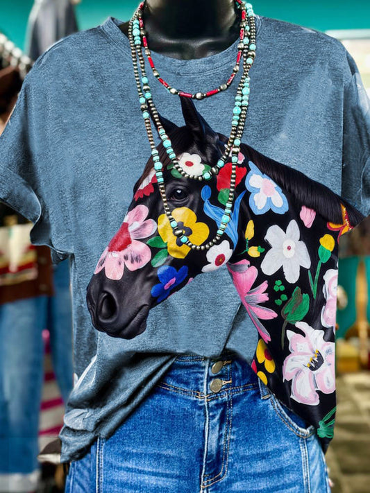 Colorful Floral Horse Print Casual Round Neck Short Sleeve T-Shirt