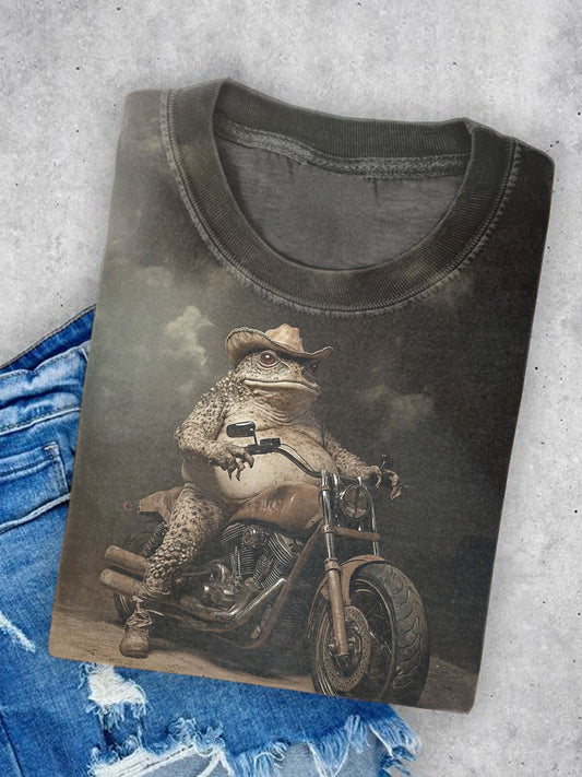 Unisex Frog Riding Motorcycle Art Illustration Printed Round Neck Casual T-shirt