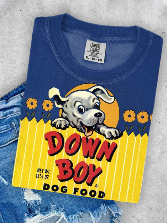 Unisex Down Boy Dog Food Art Illustration Printed Round Neck Casual T-Shirt