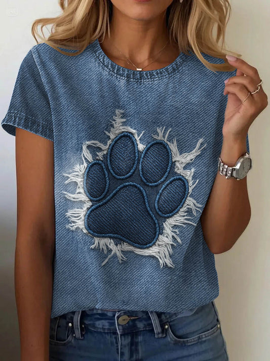 Women's Denim Art Cat Print Casual Short Sleeve T-Shirt