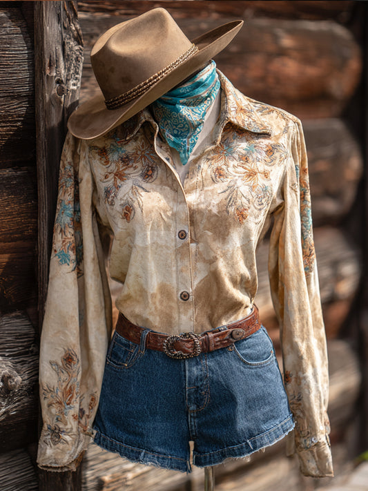 Vintage Western Art Floral Print Casual Shirt