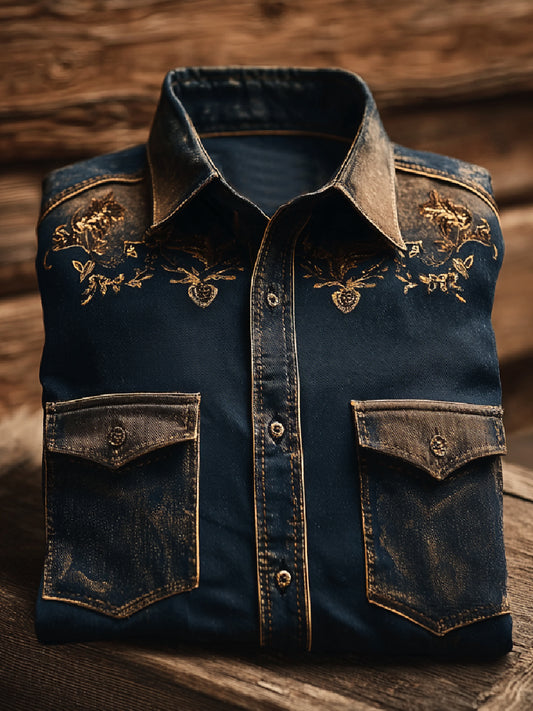 Vintage Western Art Print Casual Long Sleeve Shirt