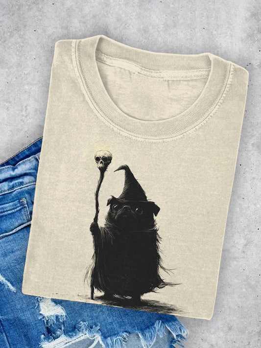 Unisex Puppy With A Cane Art Illustration Printed Round Neck Casual T-shirt