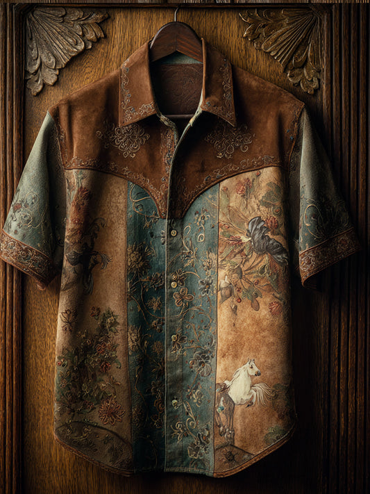 Vintage Western Art Floral Print Casual Shirt