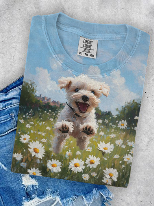 Women's Round Neck Casual T-shirt With Illustration Of Puppy Running On The Lawn