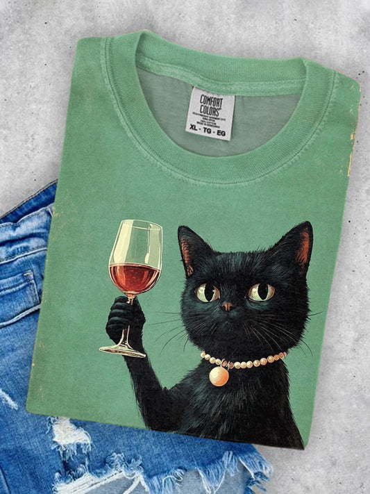 Unisex Cat Drinking Red Wine Art Illustration Printed Round Neck Casual T-shirt