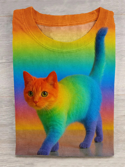 Unisex Rainbow Cat Art Illustration Printed Round Neck Casual T-shirt