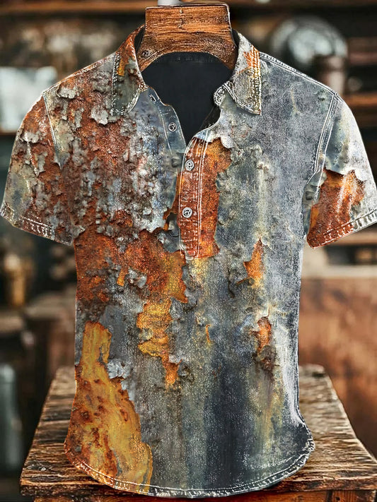 Vintage Art Rust Textured Print Casual Polo Shirt