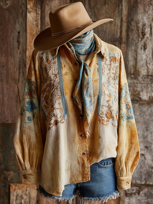 Vintage Western Art Floral Print Casual Shirt
