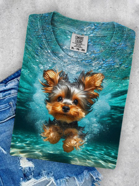 Women's Running Puppy Illustration Printed Round Neck Casual T-shirt