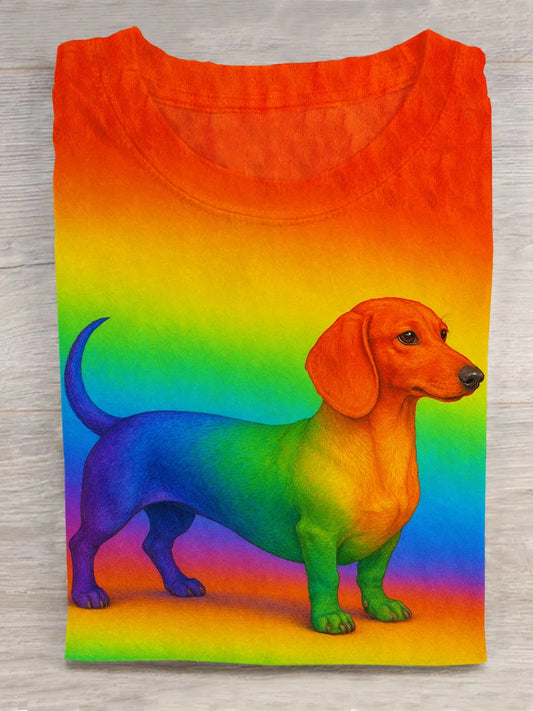 Unisex Rainbow Dog Art Illustration Printed Round Neck Casual T-Shirt