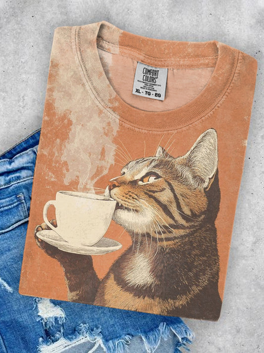 Unisex Cat Drinking Coffee Art Illustration Print Round Neck Casual T-shirt
