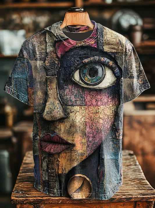 Unisex Abstract Human Face Retro Art Illustration Printed Round Neck Casual T-shirt