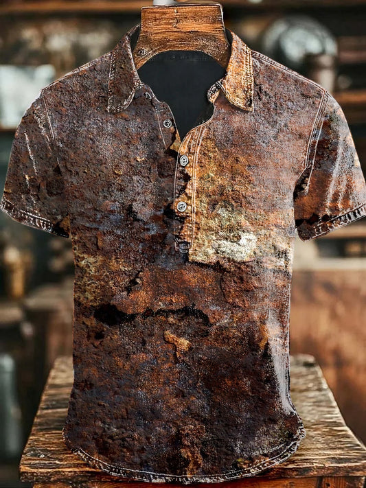 Unisex Retro Aged Rust Printed Casual  Casual Polo Shirt