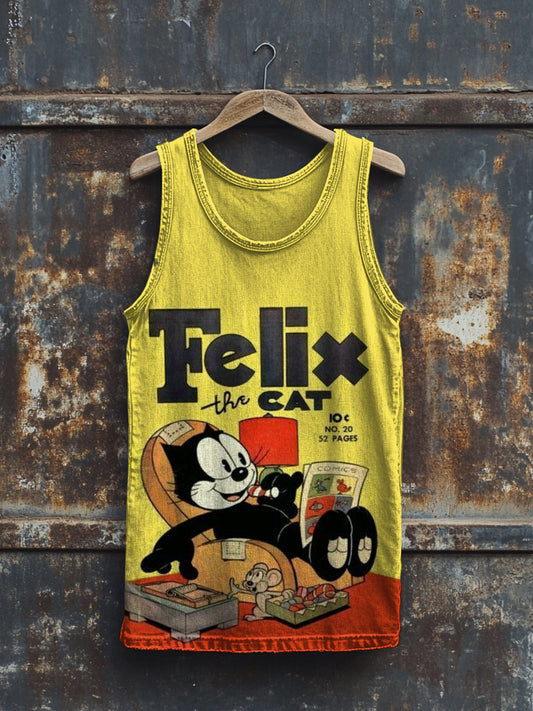 Unisex Felix Cat Art Illustration Print Round Neck Casual Tank Top