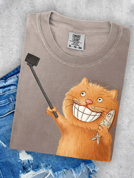 Unisex Cat Art Illustration Print Crew Neck Casual T-shirt