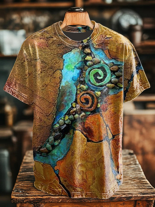 Unisex Vintage Stone Crack Art Illustration Printed Round Neck Casual T-shirt