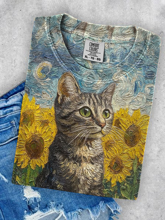 Women's Sunflower And Cat Illustration Printed Round Neck Casual T-shirt