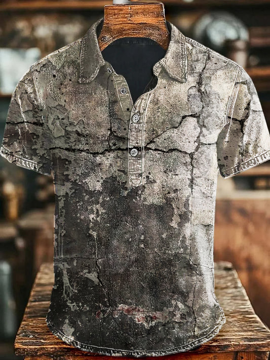 Unisex Vintage Textured Mottled Art Print Casual Polo Shirt