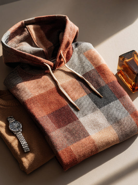 Fall Check Art Print Casual Hooded Knit Sweater